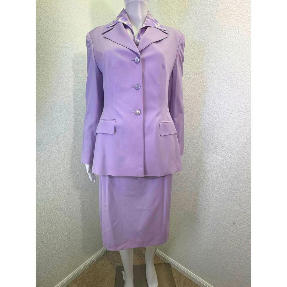 Vtg Escada Lavender 3 Pc Skirt Suit Silk Blouse Virgin Wool Easter Corpcore